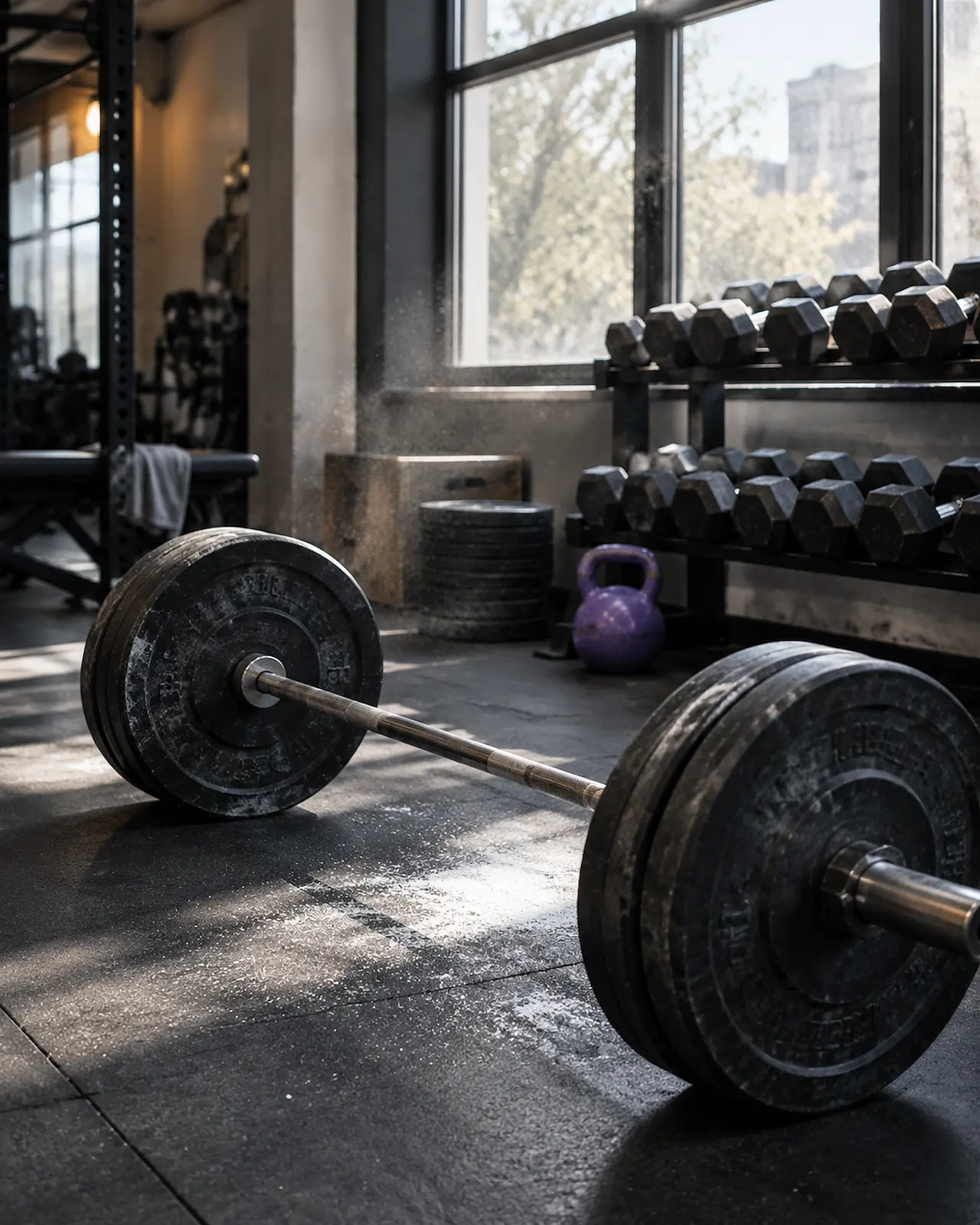 Una barra cargada con discos gastados sobre suelo de goma, con un rack de mancuernas junto a una ventana y una kettlebell violeta. Imagen de ejemplo.