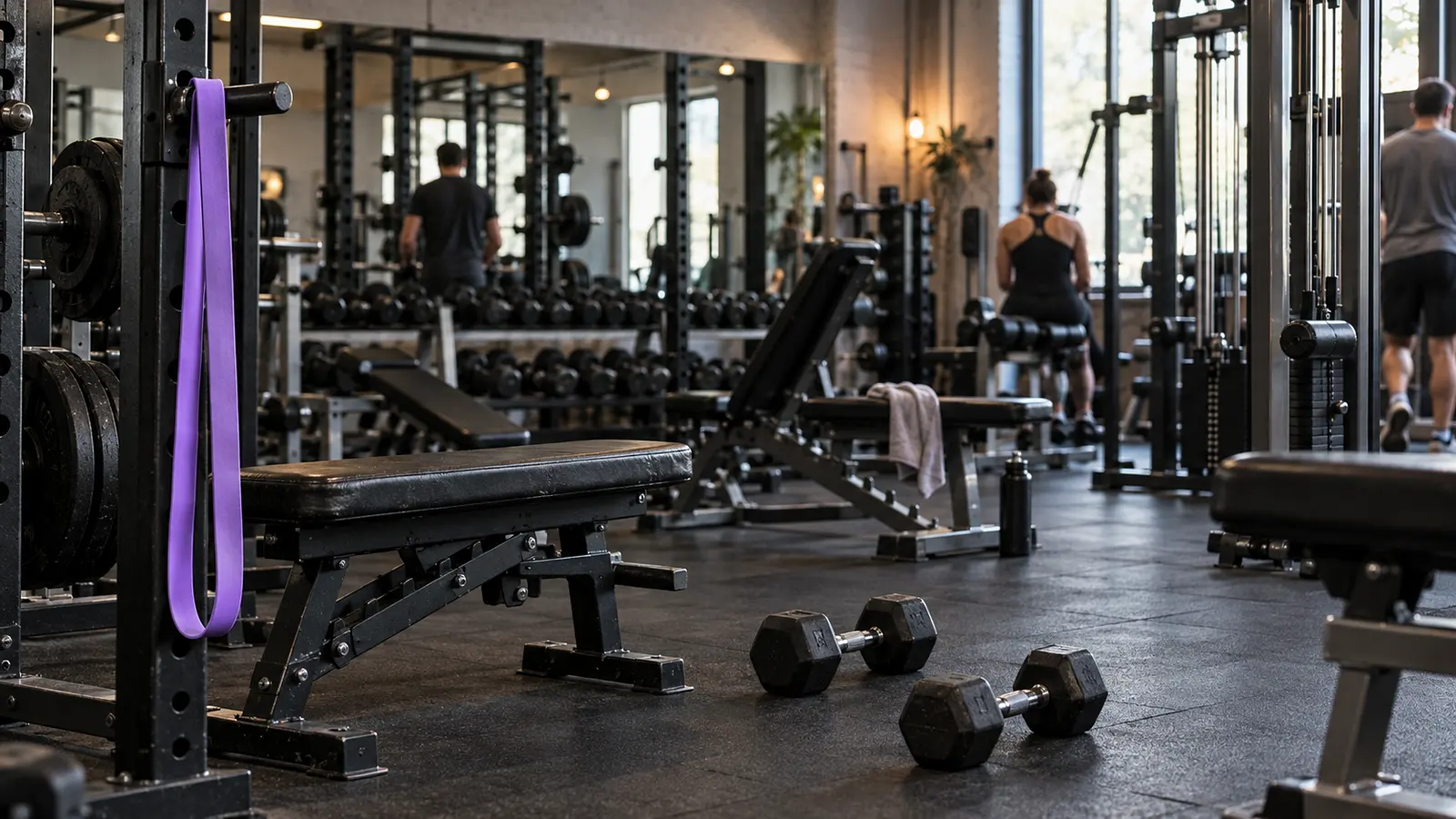 Sala de peso libre de un gimnasio de barrio, con bancos, mancuernas, espejo y una banda elástica violeta colgada de un rack. Imagen de ejemplo.