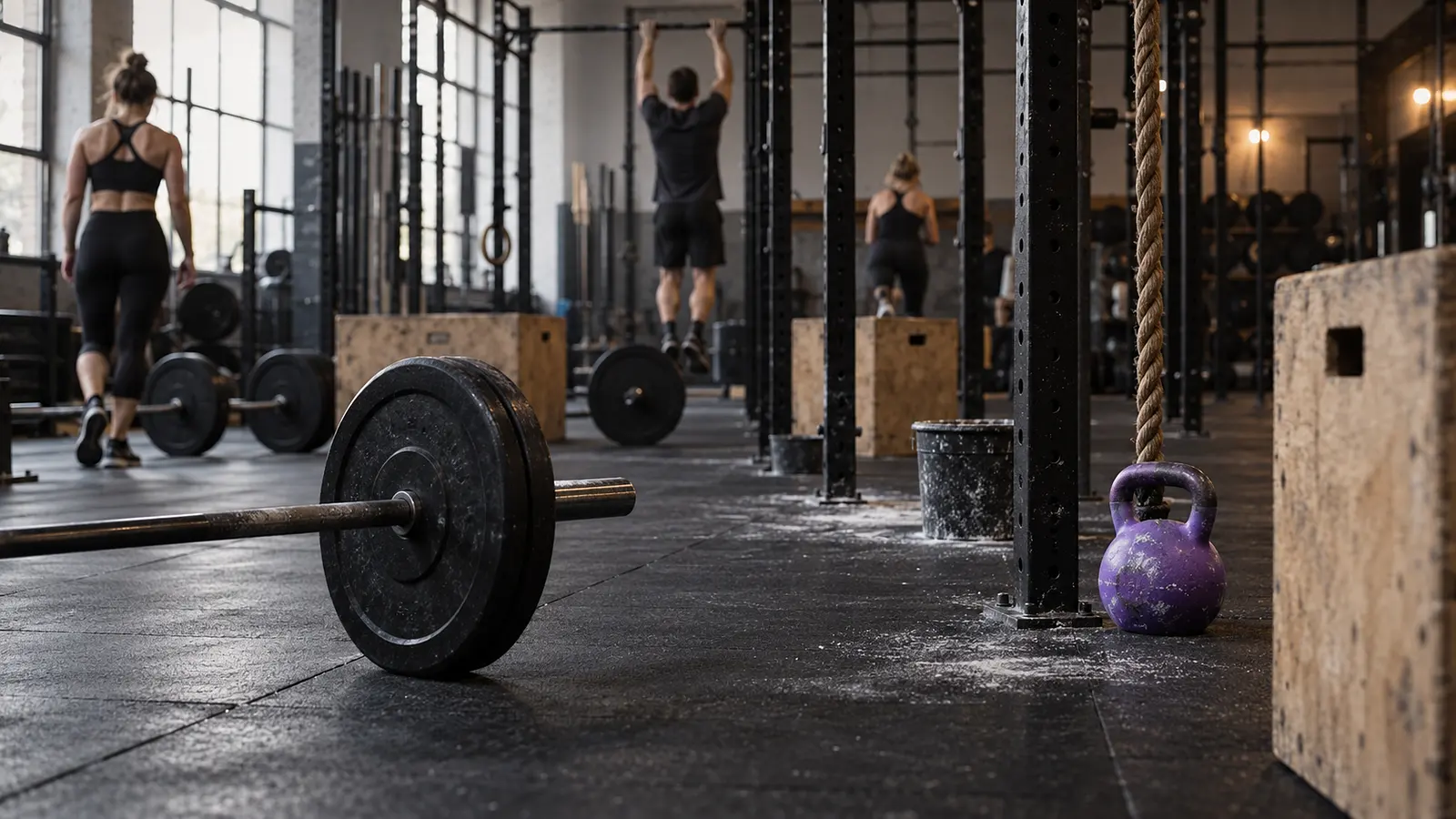 Box de entrenamiento funcional con estructura de dominadas, barras en el suelo, cajones de madera, una cuerda y una kettlebell violeta. Imagen de ejemplo.
