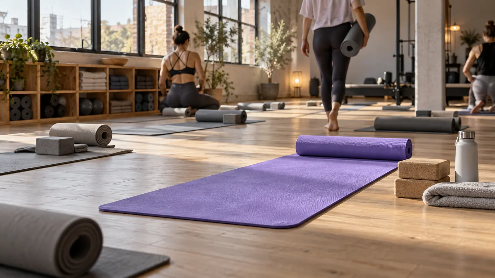 Estudio de yoga y pilates con suelo de madera clara, esterillas y una esterilla violeta extendida junto a una ventana. Imagen de ejemplo.