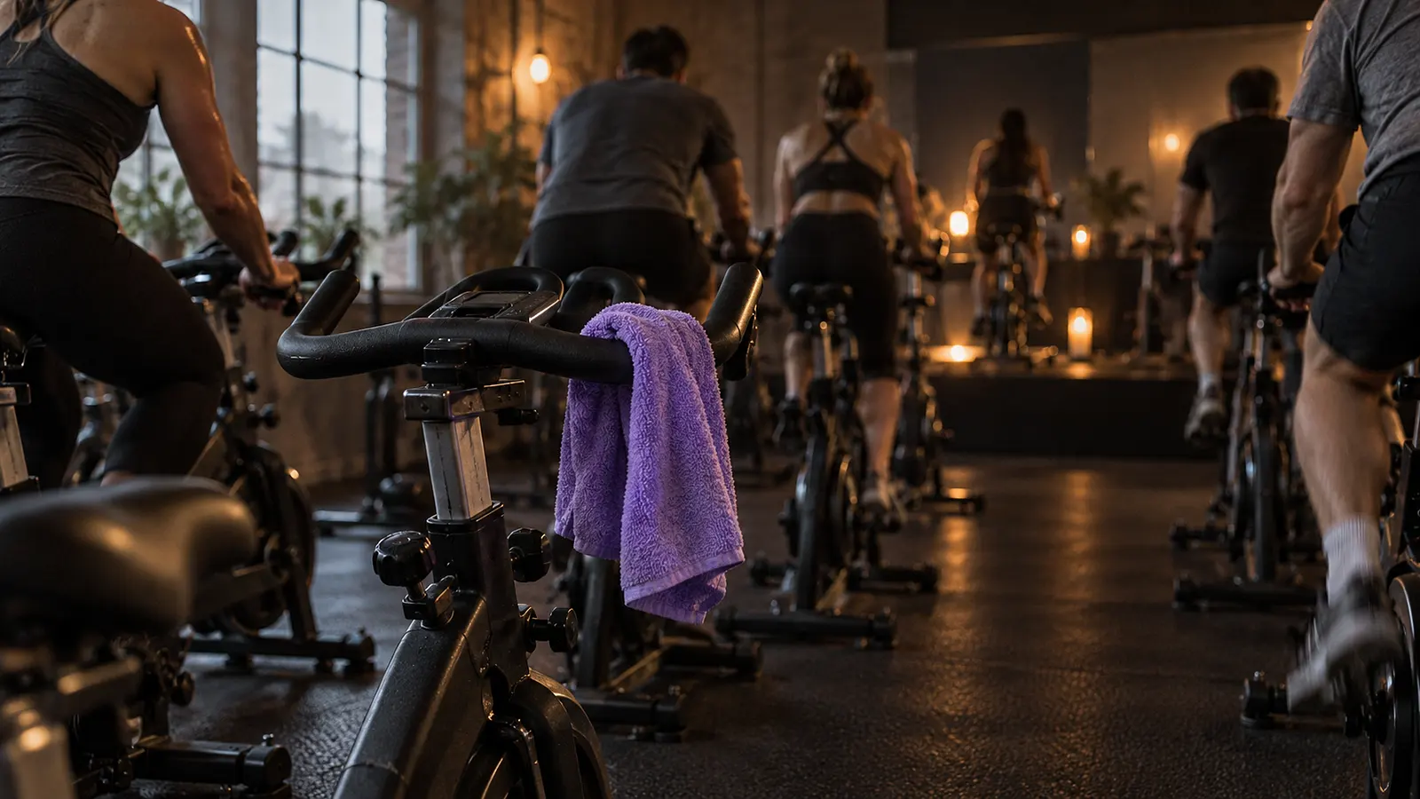 Sala de ciclo indoor con luz tenue y bicicletas en fila, con una toalla violeta colgada de un manillar. Imagen de ejemplo.