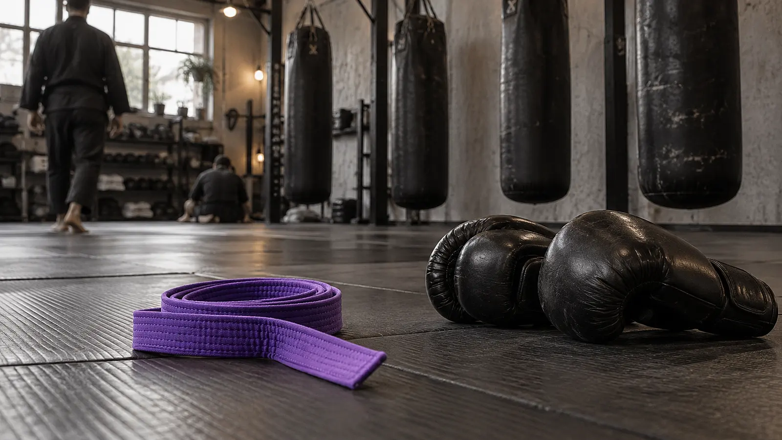 Sala de artes marciales con tatami, sacos de boxeo colgados, guantes negros y un cinturón violeta enrollado. Imagen de ejemplo.