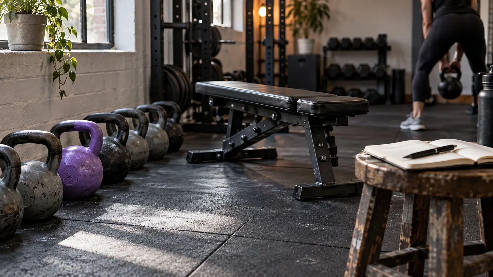 Estudio de entrenamiento personal con kettlebells en fila, un banco y una libreta sobre un taburete. Imagen de ejemplo.