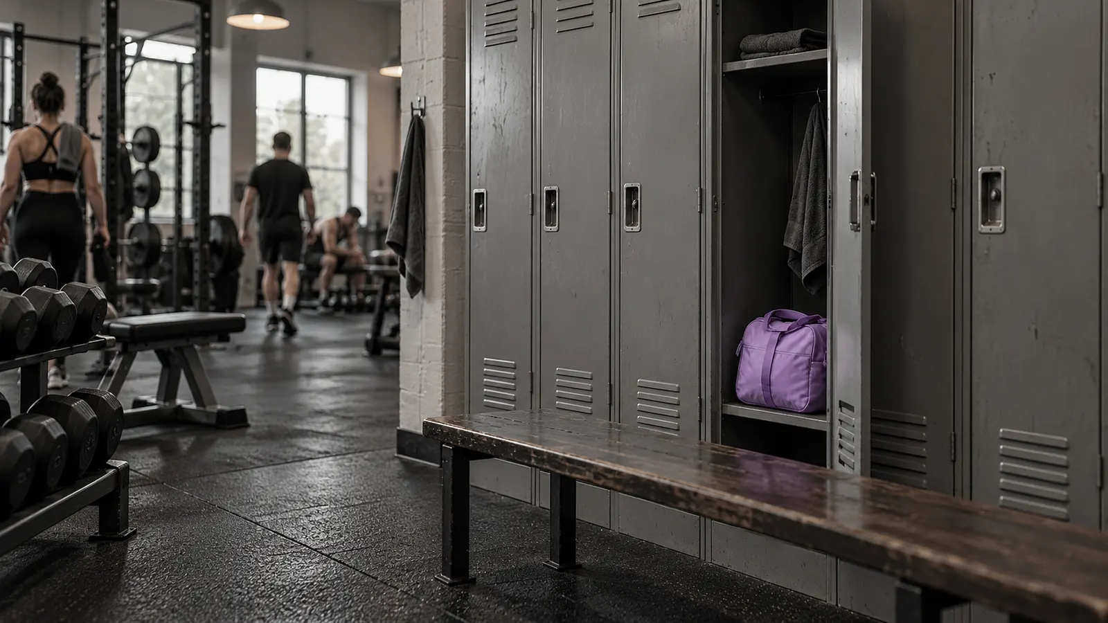 Pasillo de taquillas grises de un vestuario con una taquilla abierta que muestra una bolsa de deporte violeta. Imagen de ejemplo.