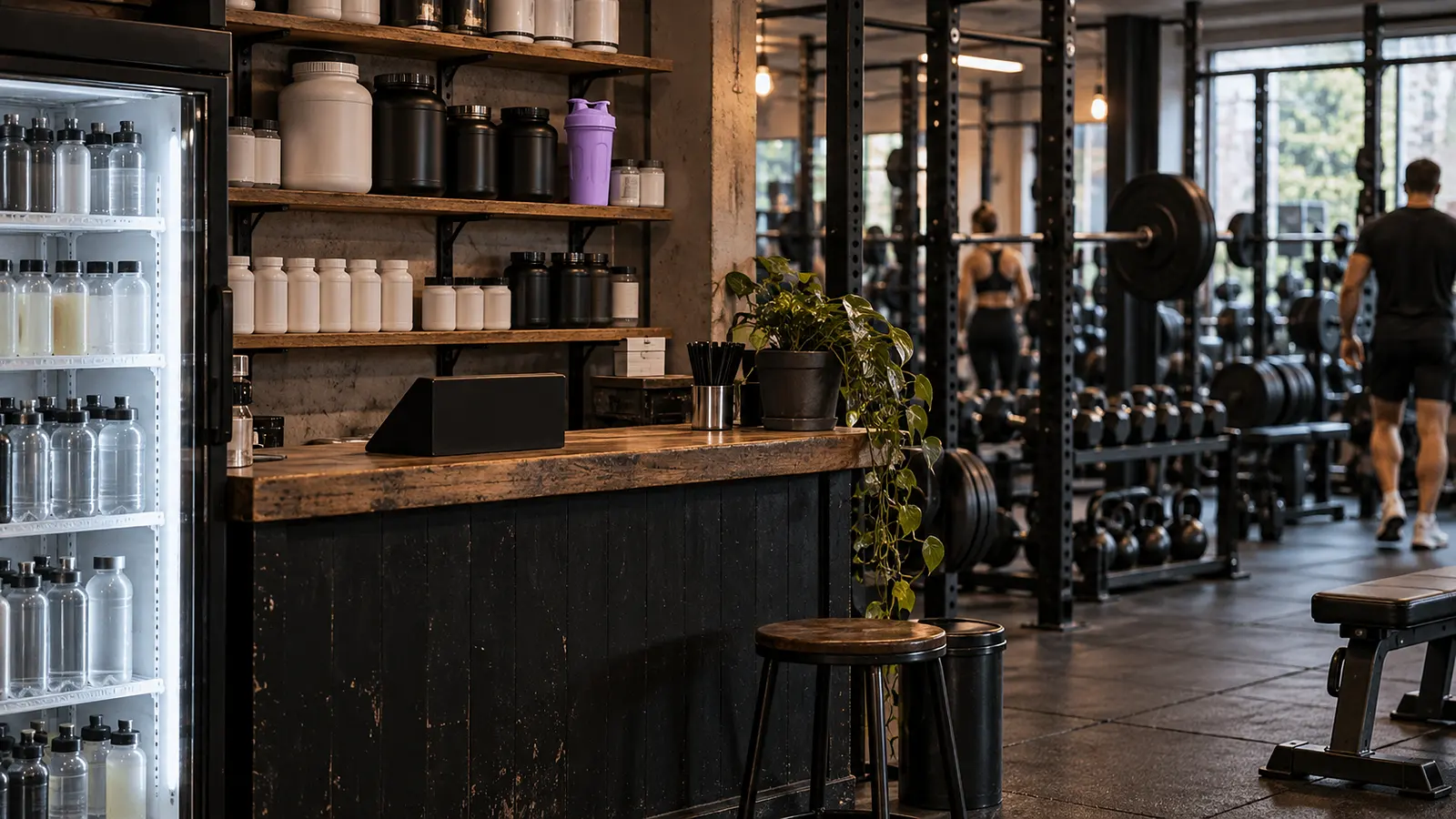 Mostrador de la tienda de un gimnasio con una nevera de bebidas, botes sin etiquetar en las estanterías y un shaker violeta. Imagen de ejemplo.