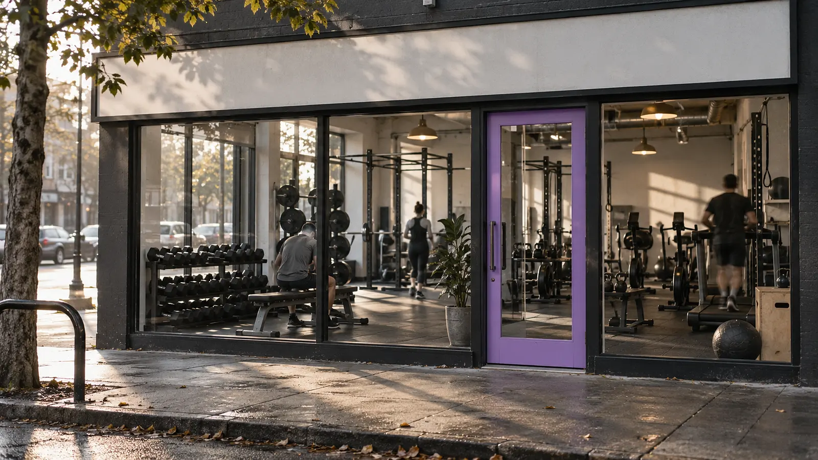 Fachada de un gimnasio de barrio por la mañana, con escaparate de cristal y una puerta violeta. Imagen de ejemplo.