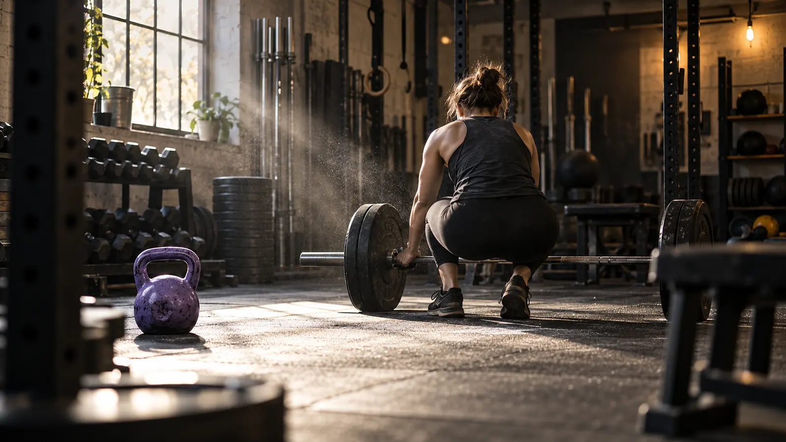 Una persona de espaldas prepara una barra en un gimnasio de barrio con luz de ventana, polvo de tiza en el aire y una kettlebell violeta. Imagen de ejemplo.